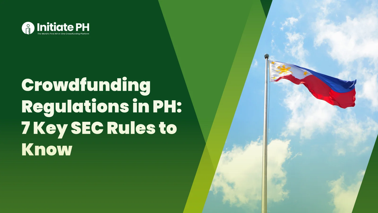 Graphic from Initiate PH titled “Crowdfunding Regulations in PH: 7 Key SEC Rules to Know.” The design features a dark green background with layered geometric green shapes across the centre. On the right side, a Philippine flag waves on a tall flagpole against a bright blue sky with white clouds. The Initiate PH logo and tagline appear in the upper left corner.